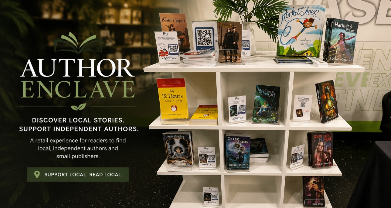 Author Enclave book display featuring books by local independent authors and small publishers in Mesa, Arizona.